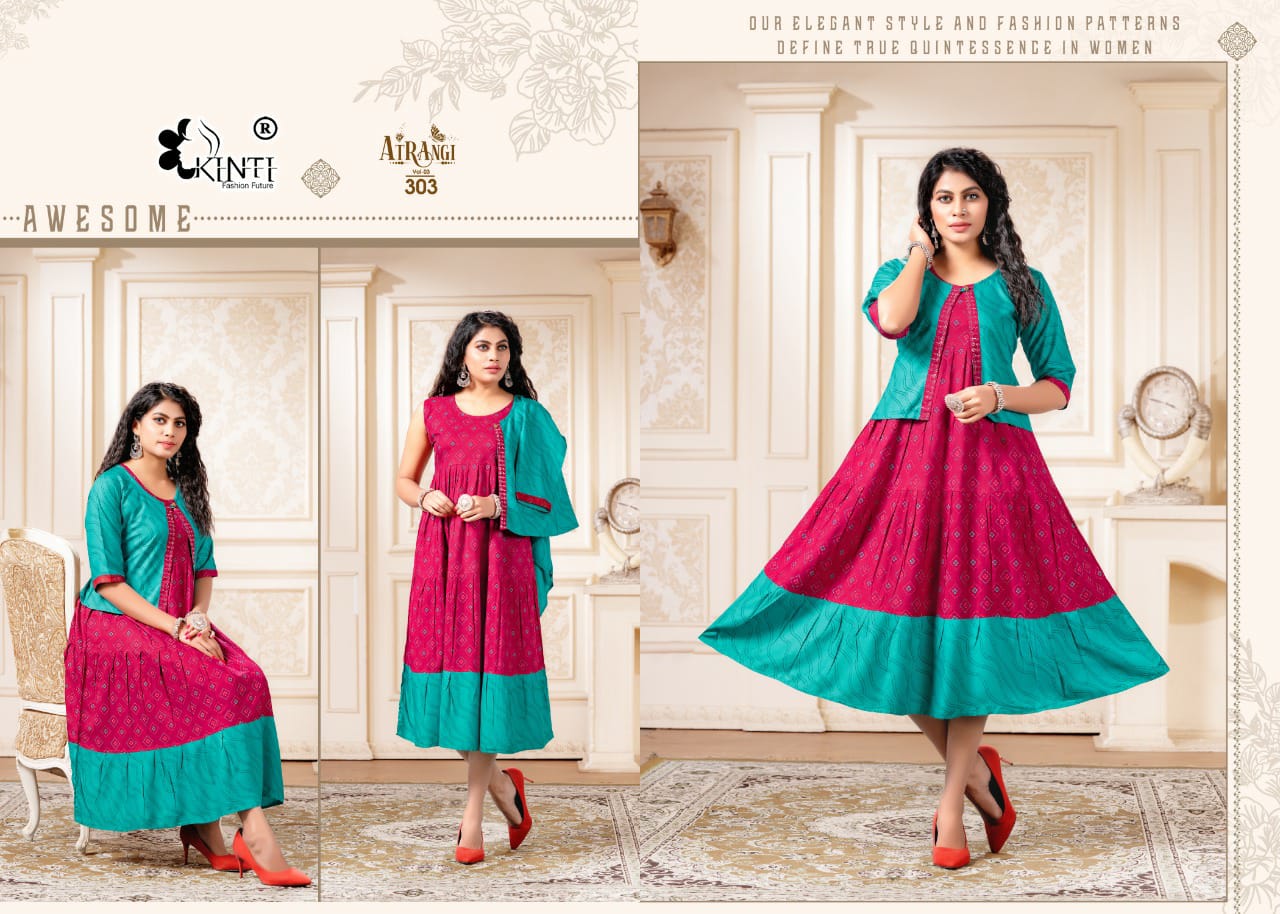 Kinti Atrangi 3 Fancy Wear Rayon Designer Anarkali Kurti With Jacket Collection